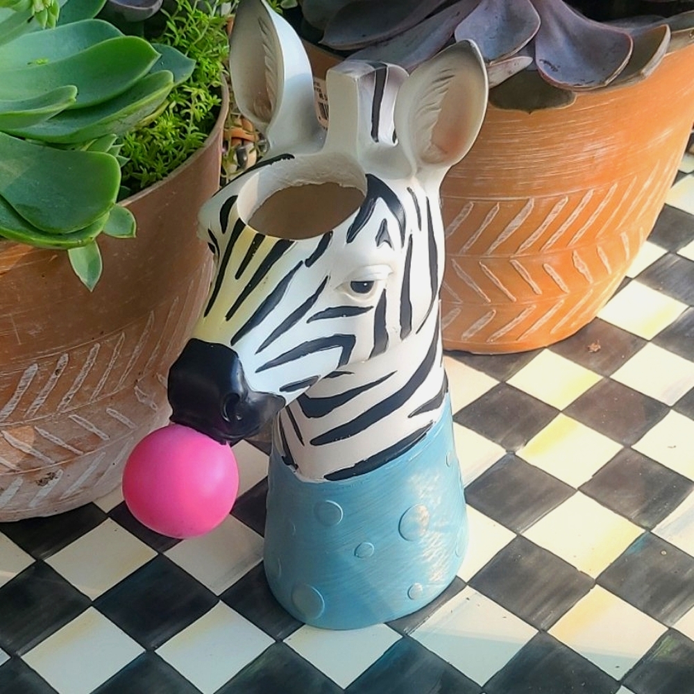 Zebra Blowing Bubble Gum Vase, 9" tall x 4" wide